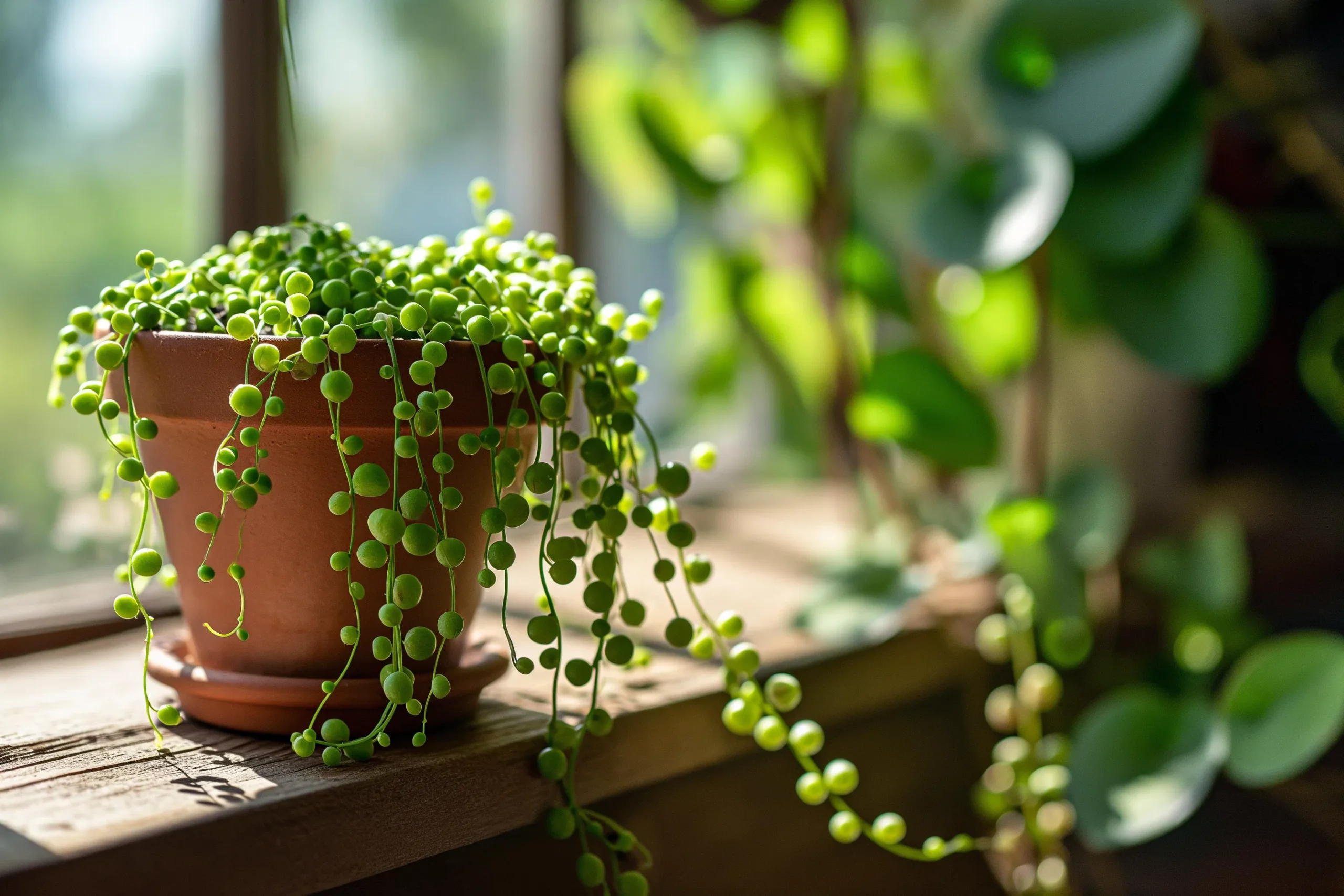 Healthy String of Pearls succulent with plump green bead-like leaves cascading from hanging basket showing proper Senecio rowleyanus care and growth