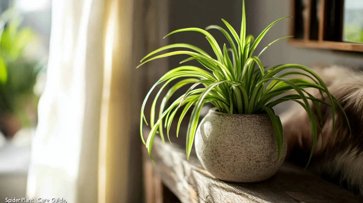 spider plant (Chlorophytum comosum) indoor setup with cascading green and white leaves and hanging plantlets in bright indirect light